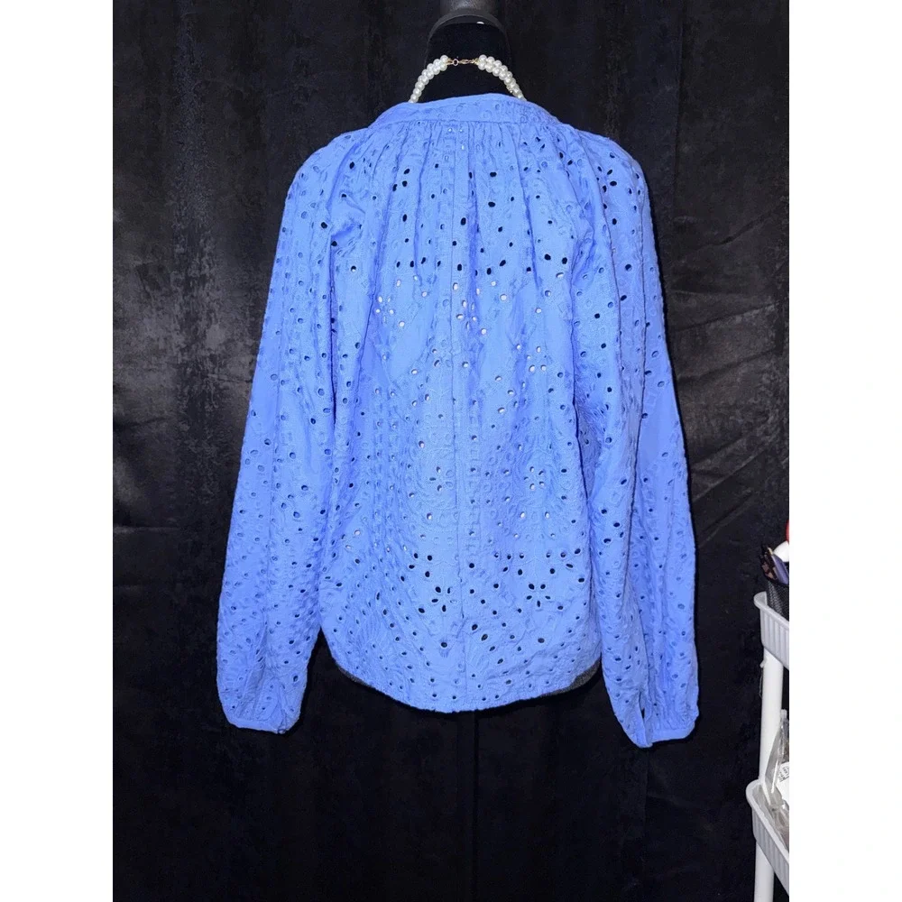 H&M Blue Eyelet Cotton V-Neck Blouse Long Sleeve Embroidered Top